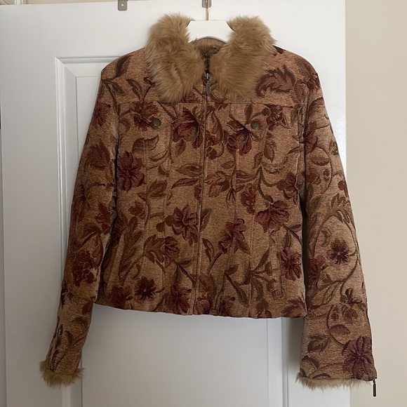 Static corduroy floral pattern jacket faux fur collar women’s size medium y2k - Picture 6 of 8